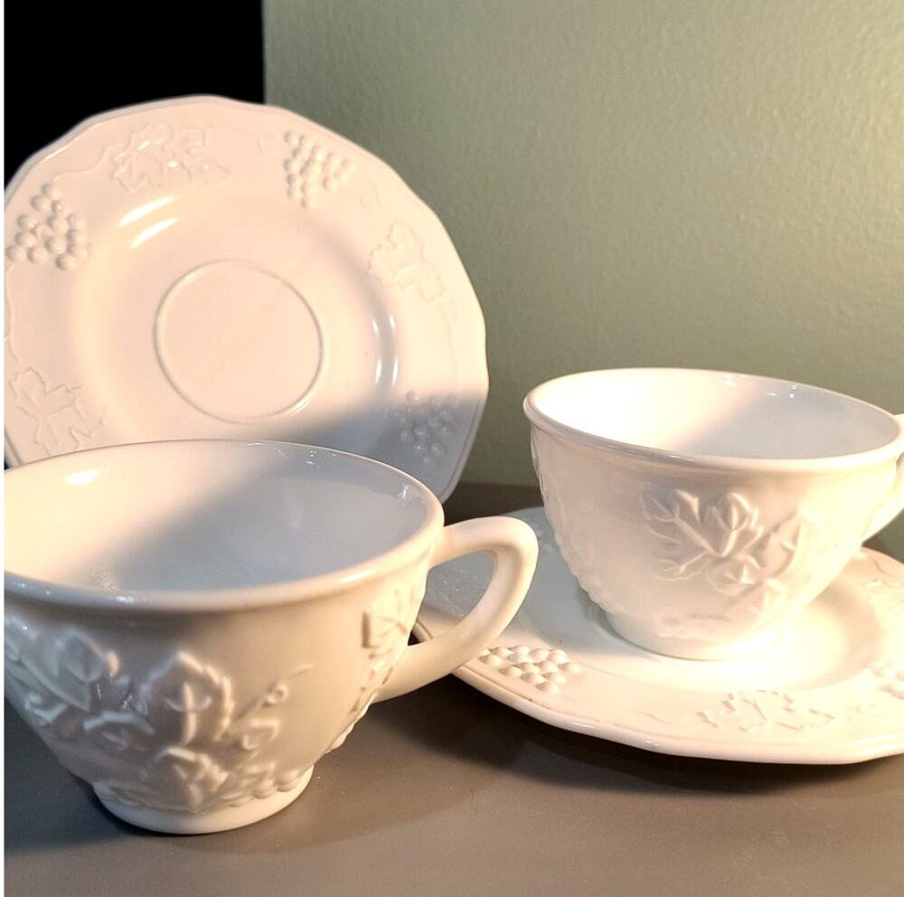 842. Four Pc. Set Milk Glass Cups and Saucers Colony Harvest